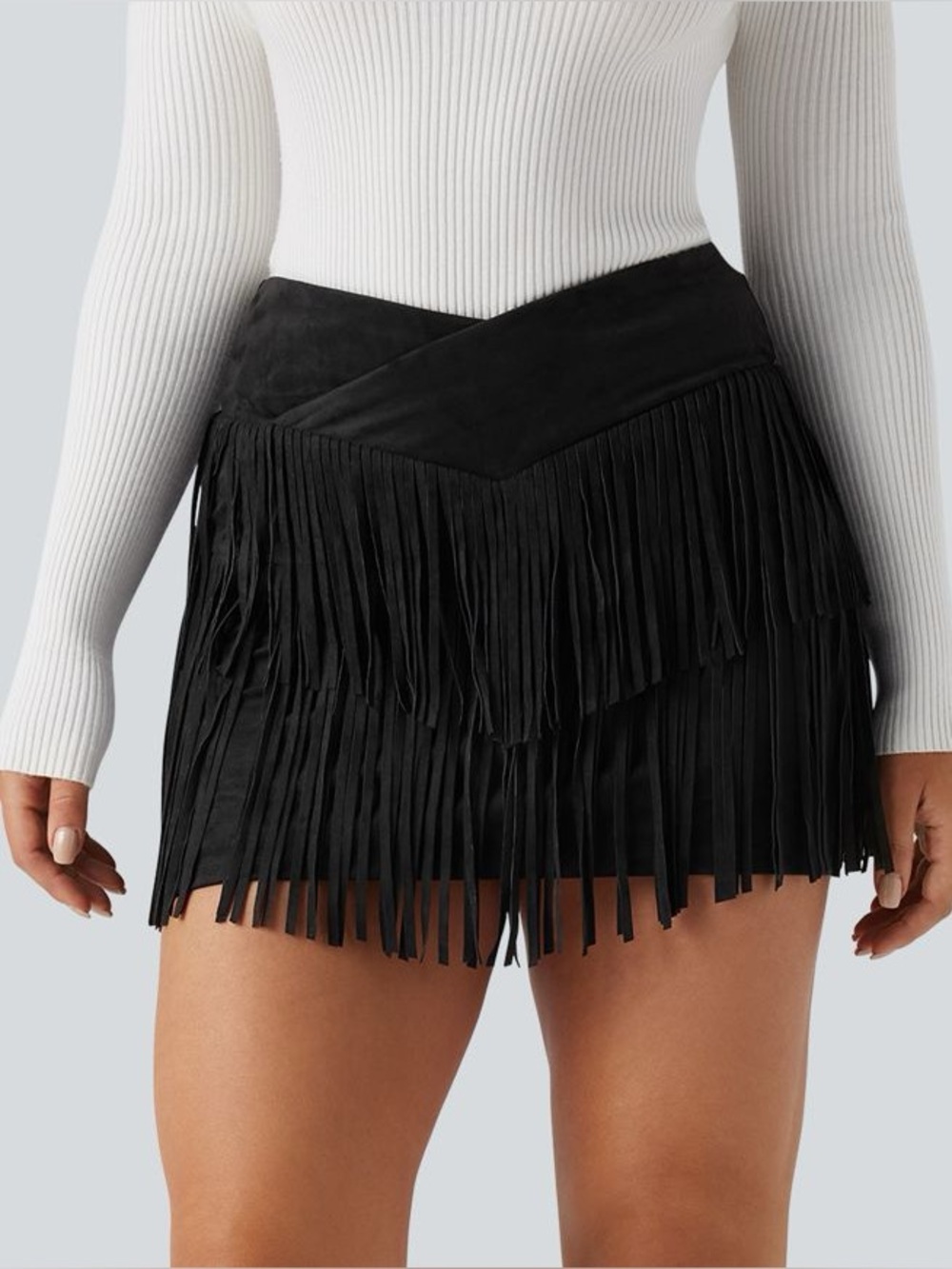 Halara Crossover High Waisted 2-in-1 Fringe Hem Bodycon Mini Suede Party Skirt